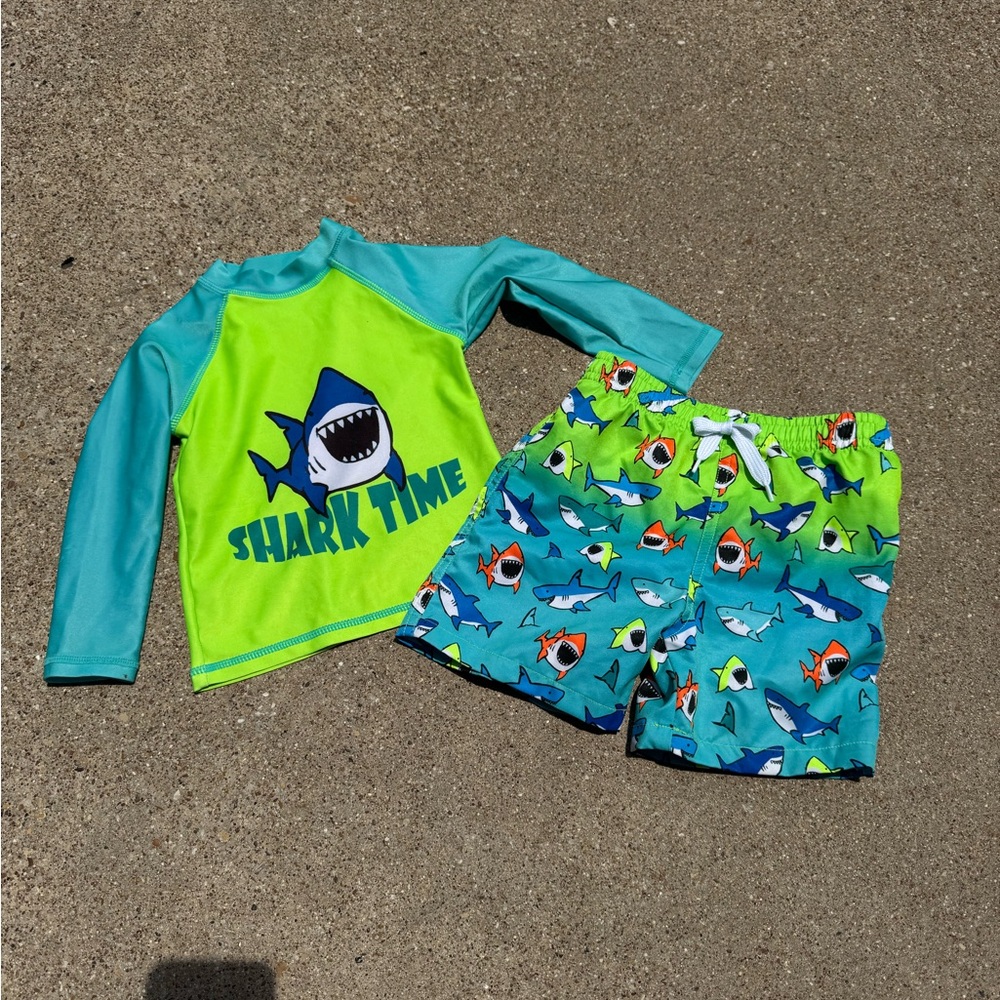 Shark Time, Kid’ Swim Set, Green and Blue, Size 18-24 Months